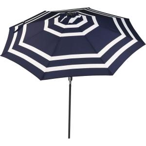 Sunnydaze 9 ft Outdoor Patio Umbrella with Solar Lights – Polyester LED Table Market Umbrella with Push-Button Tilt and Crank – Beige(Navy Blue Stripe)