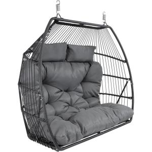 Sunnydaze Andrei Double Hanging Egg Chair with Cushion – 2-Person Outdoor Egg Chair – Includes Polyester Cushion – Dark Gray