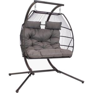 Sunnydaze Andrei Double Hanging Egg Chair with Stand – 2-Person Outdoor Egg Chair – Includes Steel Stand and Cushion – Dark Gray