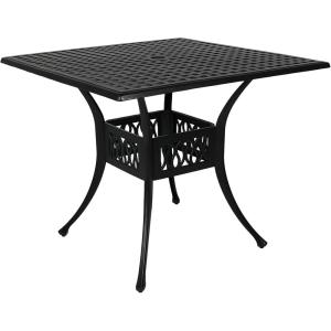 Sunnydaze Cast Aluminum Patio Dining Table with Umbrella Hole – 35-Inch Square – Black