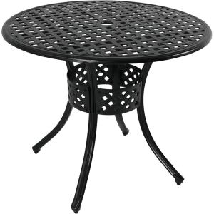 Sunnydaze Decorative Lattice Cast Aluminum Patio Dining Table with Umbrella Hole – 33-Inch Diameter – Black
