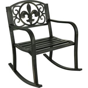 Sunnydaze Fleur-de-Lis Cast Iron and Steel Patio Rocking Chair – 275-Pound Weight Capacity – Black