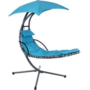 Sunnydaze Floating Chaise Lounger Swing Chair with Umbrella Canopy – Curved Steel Hammock Lounge Chair with Cushion and Pillow – Removable Cushion and Umbrella Shade – 82-Inch Tall – Navy Blue(Teal)