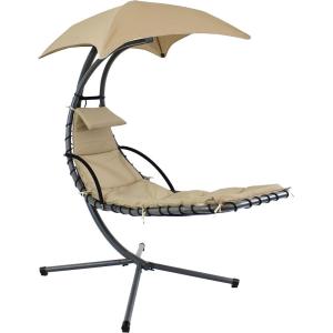 Sunnydaze Floating Chaise Lounger Swing Chair with Umbrella Canopy – Curved Steel Hammock Lounge Chair with Cushion and Pillow – Removable Cushion and Umbrella Shade – 82-Inch Tall – Navy Blue(Beige)
