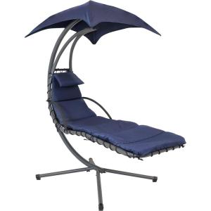 Sunnydaze Floating Chaise Lounger Swing Chair with Umbrella Canopy – Curved Steel Hammock Lounge Chair with Cushion and Pillow – Removable Cushion and Umbrella Shade – 82-Inch Tall – Navy Blue(Navy Blue)
