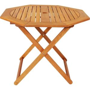 Sunnydaze Folding Meranti Wood Outdoor Dining Table with Umbrella Hole – Foldable Teak Patio Table – Teak Oil Finish – Octagon