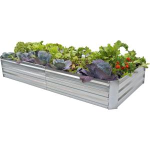 Sunnydaze Galvanized Steel Rectangular Raised Garden Bed – for Flowers, Plants, and Vegetables – Green – 4 x 8 ft(Silver)