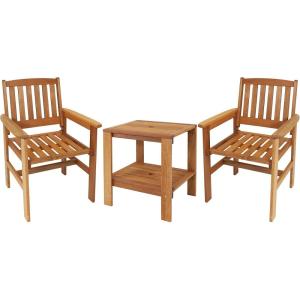 Sunnydaze Meranti Wood 3-Piece Outdoor Patio Conversation Set – 2 Chairs and 1 Table – Teak Oil Finish