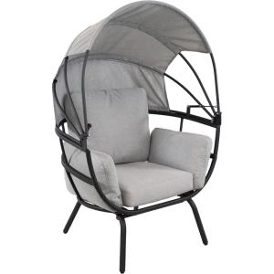 Sunnydaze Modern Luxury Egg Chair – Powder-Coated Aluminum Frame with Polyester Cushion and Retractable Canopy – Gray(Grey)