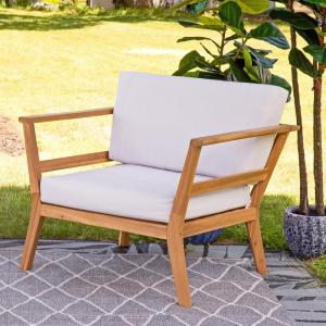 Sunnydaze Outdoor Accent Chair with Arms – Bodie Acacia Wood Club Chair for Patio – Reading Armchair with Cushions for Outside – Bone White Cushions – Set of 2(1)