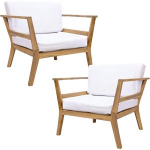 Sunnydaze Outdoor Accent Chair with Arms – Bodie Acacia Wood Club Chair for Patio – Reading Armchair with Cushions for Outside – Bone White Cushions – Set of 2(2)