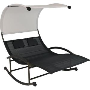Sunnydaze Outdoor Double Chaise Rocking Lounge Chair with Canopy and Headrest Pillows – Black and White with Powder-Coated Frame