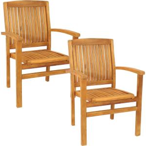 Sunnydaze Outdoor Patio Dining Armchairs with Slat Back – Light Brown Finish – Set of 2(2)