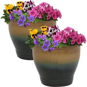 Sunnydaze Round Ceramic Planter – Set of 2 Indoor or Outdoor Plant Pots with Drainage Hole – Chalet – 12″ – Imperial Blue Glaze(Forest Lake Green)