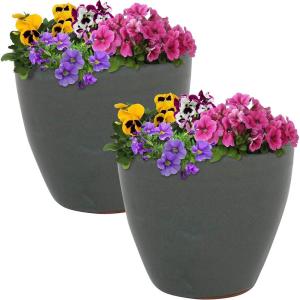 Sunnydaze Round Ceramic Planter – Set of 2 Indoor or Outdoor Plant Pots with Drainage Hole – Chalet – 12″ – Imperial Blue Glaze(Gray)