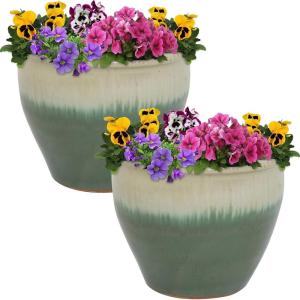 Sunnydaze Round Ceramic Planter – Set of 2 Indoor or Outdoor Plant Pots with Drainage Hole – Chalet – 12″ – Imperial Blue Glaze(Seafoam)