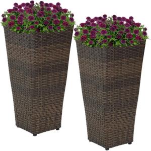 Sunnydaze Set of 2 Square Tall Wicker Planters – Polyrattan Rectangular Large Plastic planters for Outdoor Plants – 24-Inches Tall – Brown(24 in)