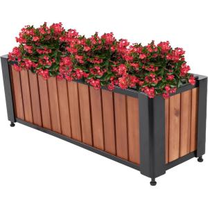 Sunnydaze Slatted Rectangular Wood Planter Box with Powder-Coated Steel Frame – 24″ Acacia Wood Planter with Removable Liner – 3.7 Gal Capacity
