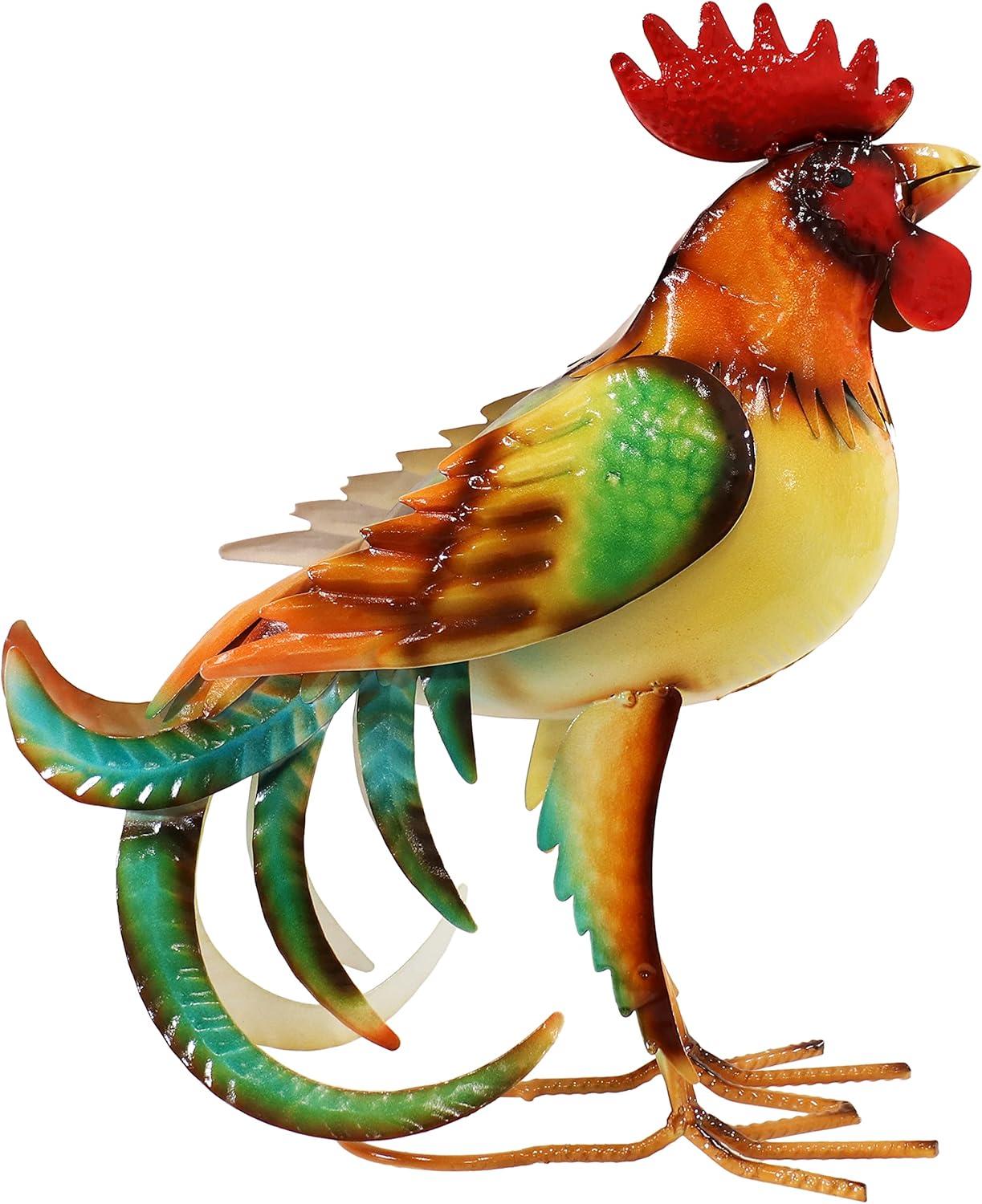 imageSunnydaze Romeo The Rooster 16Inch Rustic Iron Sheet Garden Statue Includes 2 Ground Stakes