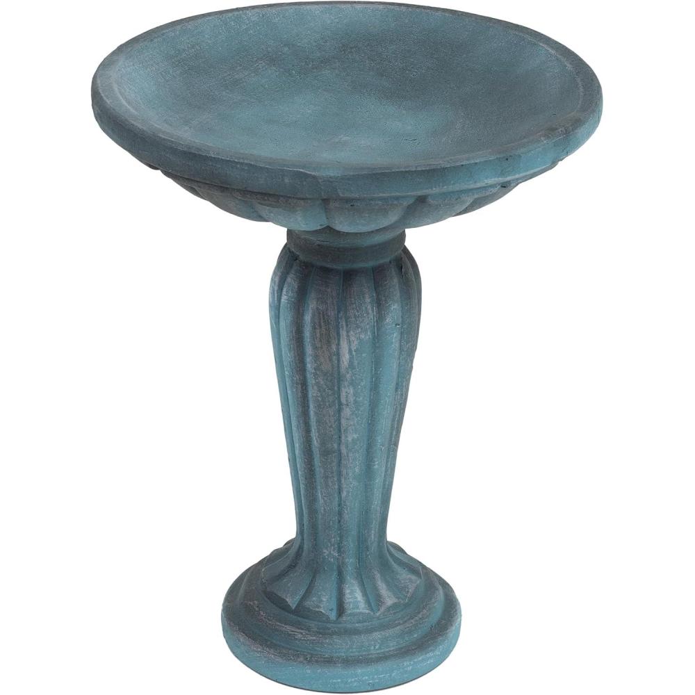 imageSunnydaze 2025 H Concrete Bird Bath for Outdoors Grecian Column Pedestal Bird Bath with Glass Fiber Reinforced Concrete Construction Antique WhitePatina Green