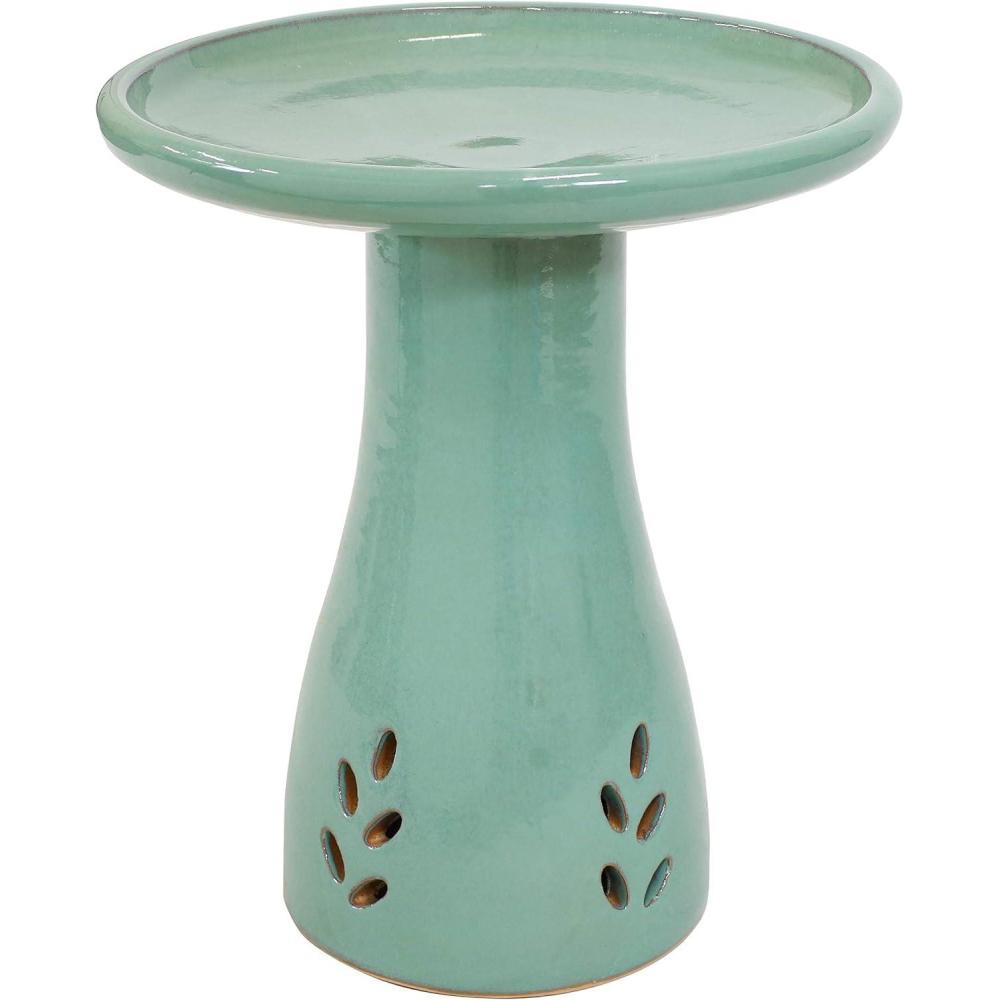 imageSunnydaze 21quot H Ceramic Bird Bath for Outside  HandPainted Outdoor Bird Bath Bowl UVFrostResistant Finish  Galaxy Blue  Ribbed PedestalSeafoam