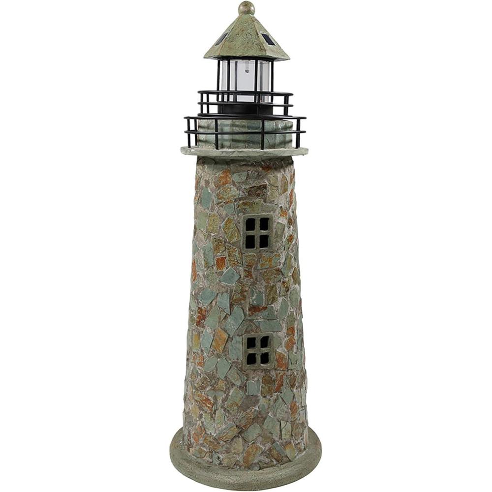 imageSunnydaze 35Inch Outdoor Lighthouse Lamp Solar Lighthouse Decor with LED Light for Garden Yard Patio Decorative Cobblestone