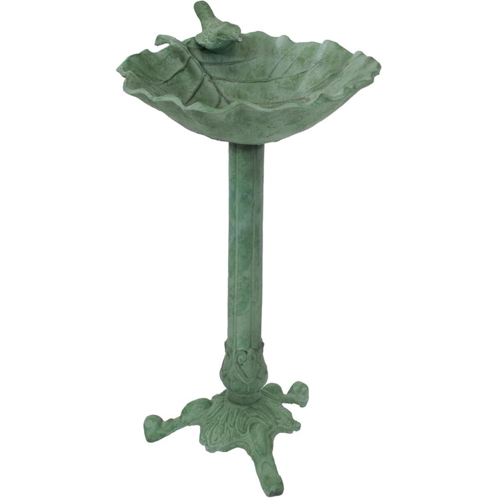 imageSunnydaze Autumnal Leaf Metal Bird Bath with UVResistant Finish  Cast Aluminum  Green Patina  1175quot
