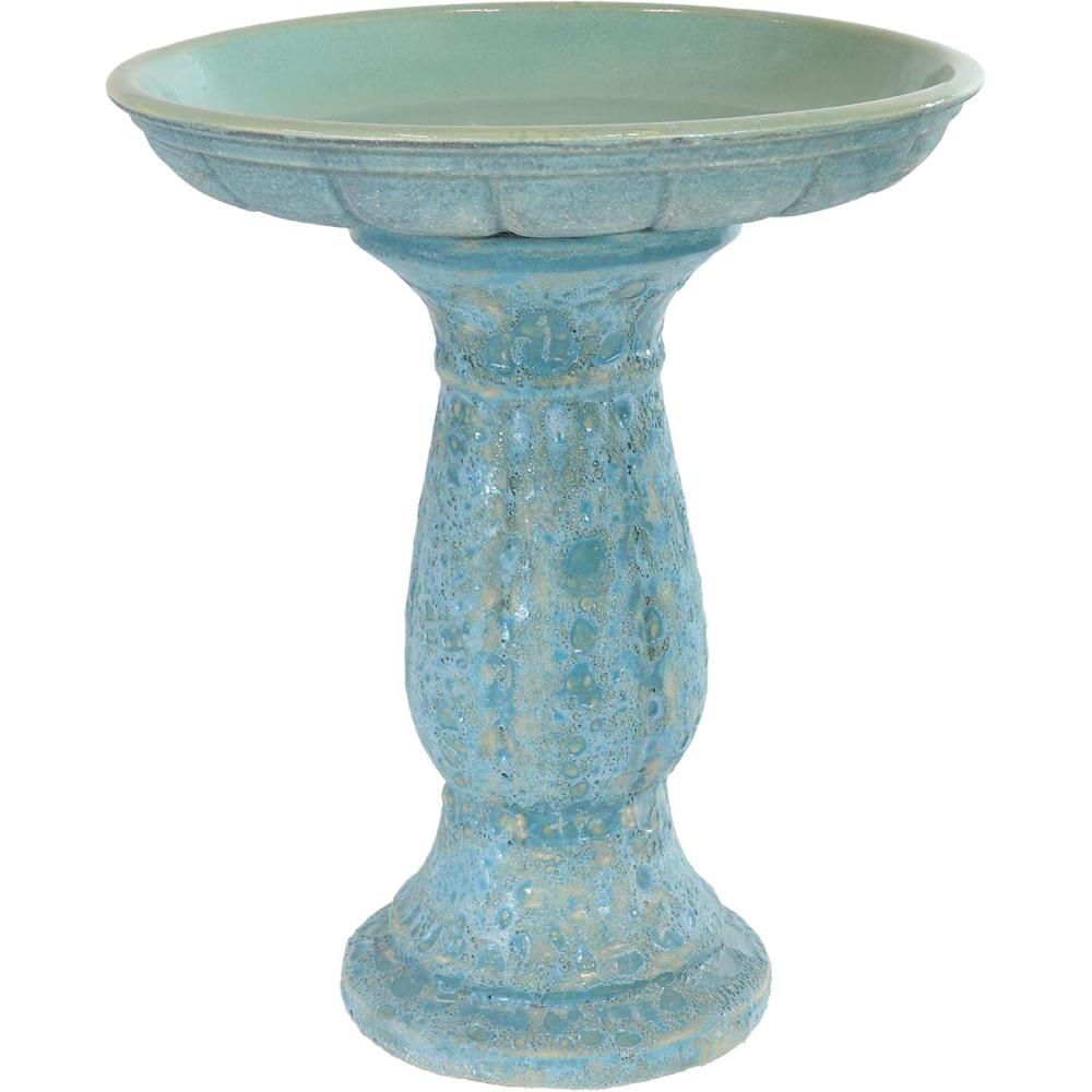 imageSunnydaze Avignon Outdoor Ceramic Bird Bath  1875quot H  UV and FrostResistant  Pedestal Design  Green MistBlue Lava Distressed