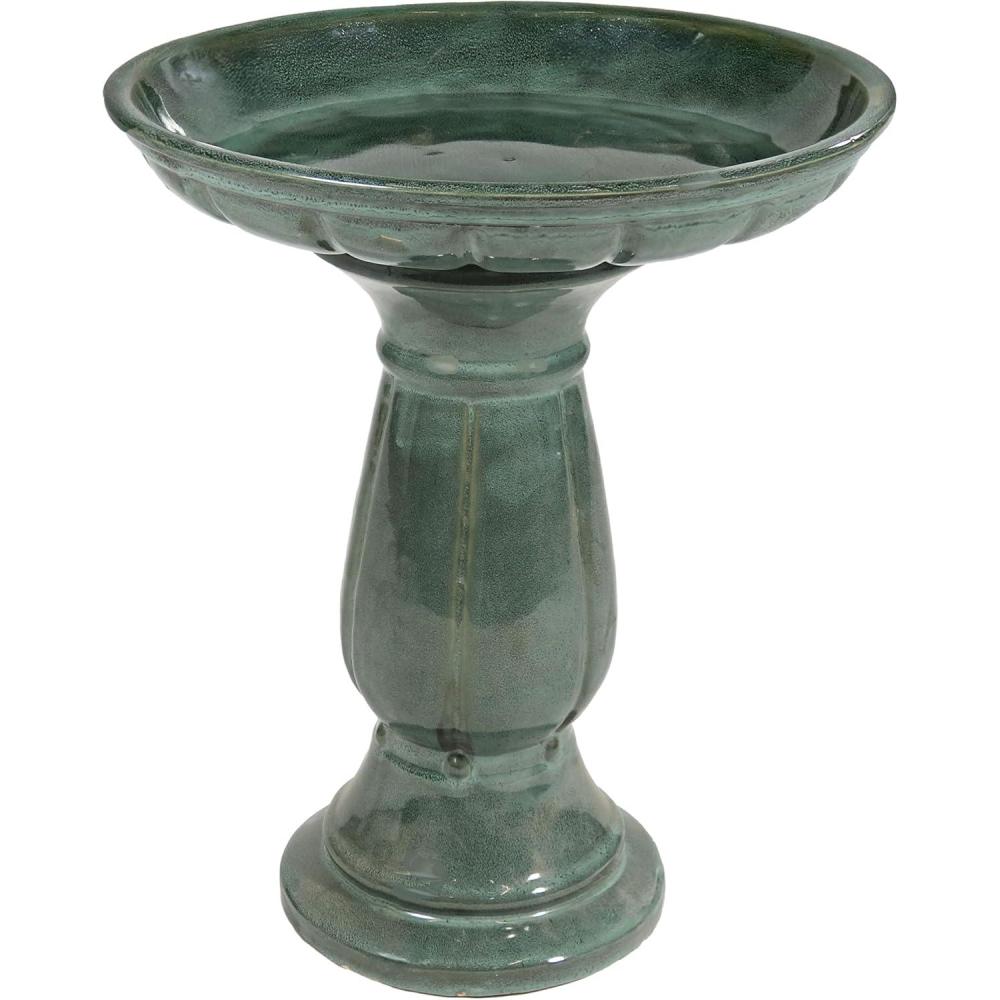 imageSunnydaze Avignon Outdoor Ceramic Bird Bath  1875quot H  UV and FrostResistant  Pedestal Design  Green MistGreen Mist Glaze