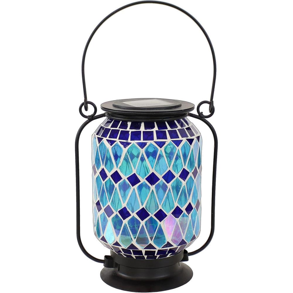 imageSunnydaze Cool Blue 85Inch Mosaic Glass Solar LED Lantern Blue Green and Purple Design TabletopPathway Light