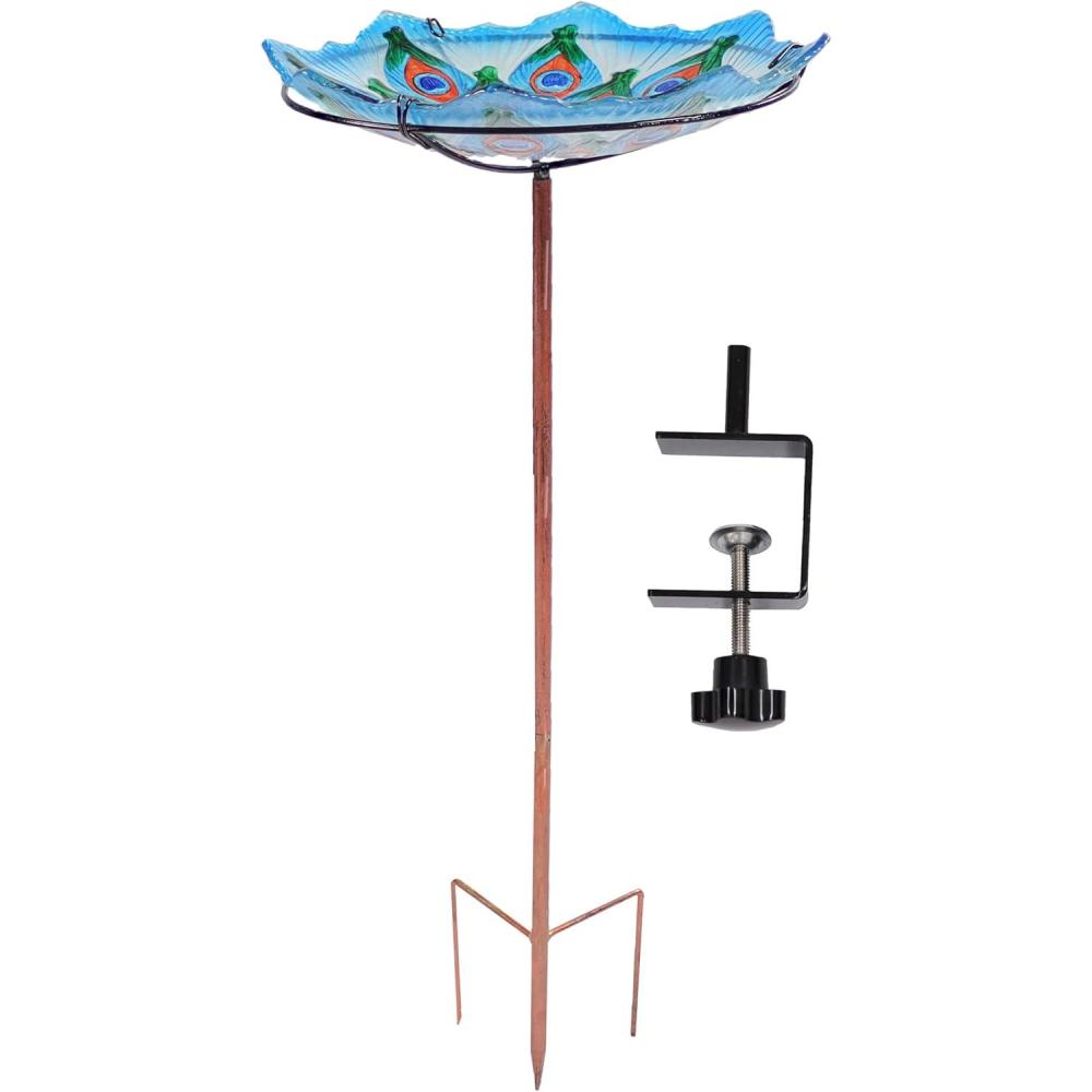 imageSunnydaze Glass Bird Bath Bowl  115quot Diameter  Includes Deck Clamp and Staked Stand  Morning GloryExquisite Feathers