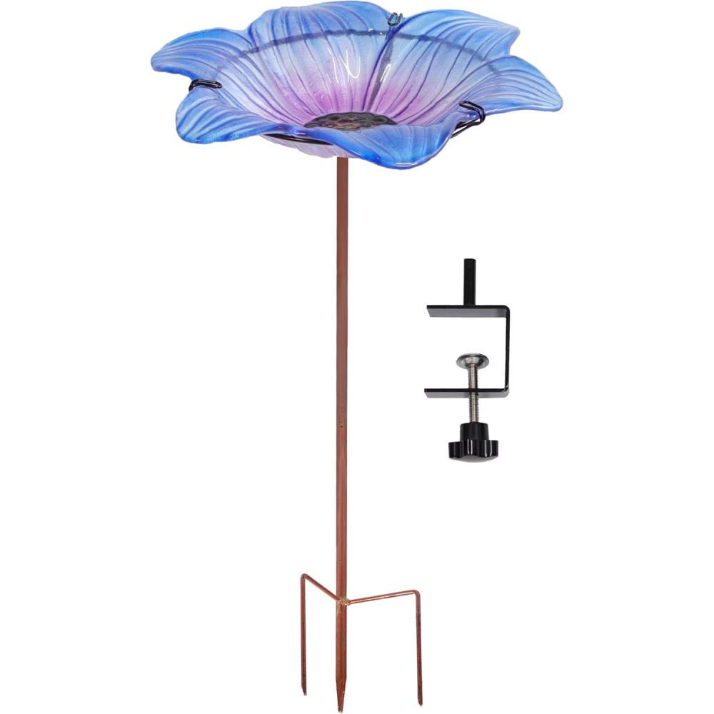 imageSunnydaze Glass Bird Bath Bowl  115quot Diameter  Includes Deck Clamp and Staked Stand  Morning GloryMorning Glory