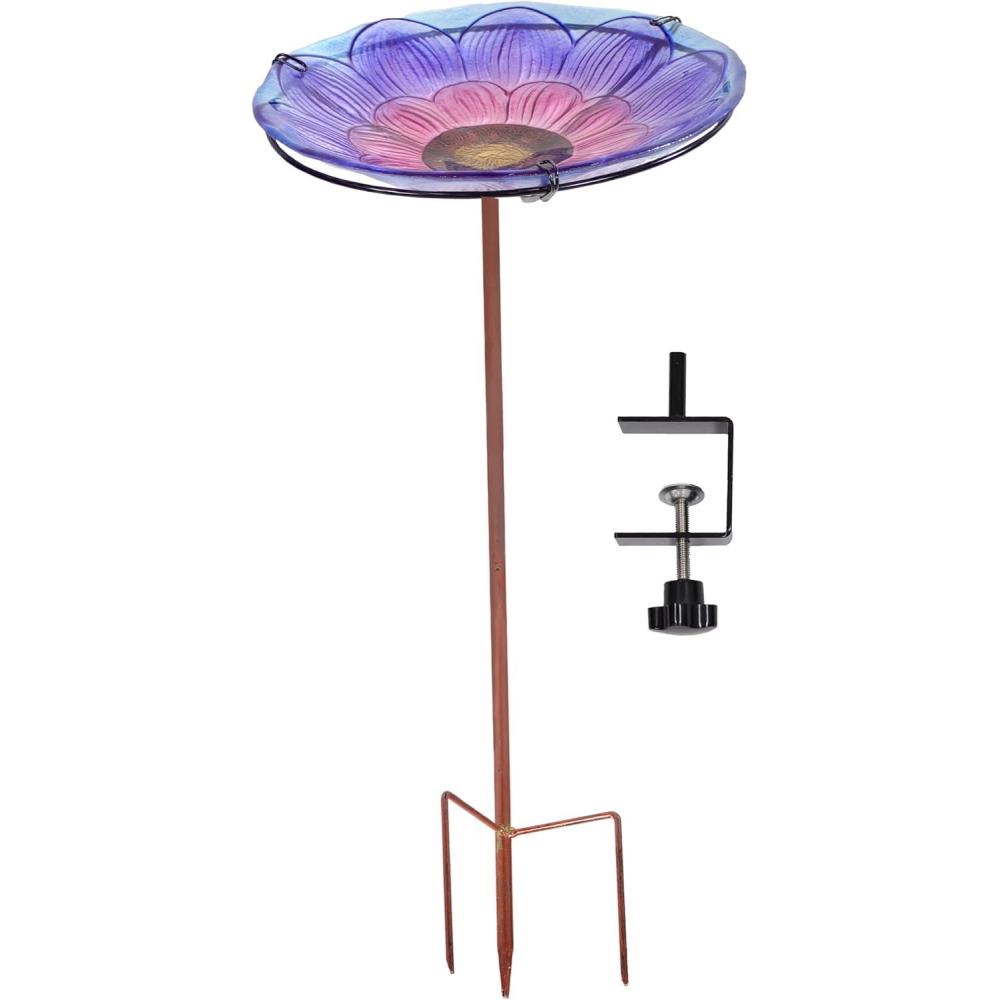 imageSunnydaze Glass Bird Bath Bowl 115quot Diameter Includes Deck Clamp and Staked Stand Morning GlorySpring Crocus