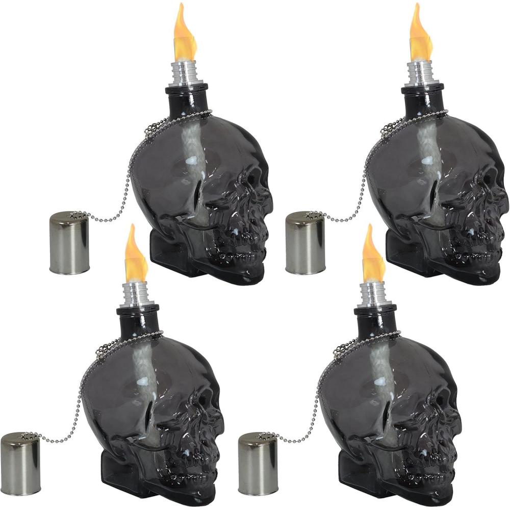 imageSunnydaze Grinning Skull Glass Tabletop Torches  Outdoor Patio Lighting  Includes Wicks and Attached Snuffers  Set of 2 Refillable Torches  ClearBlack