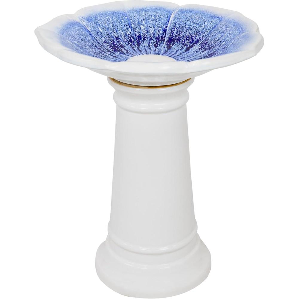 imageSunnydaze Misty Blossom Ceramic Bird Bath for Outdoors  23quot H  UV FrostResistant  Antique Bird Bath for Garden with White PedestalBlue Bowl