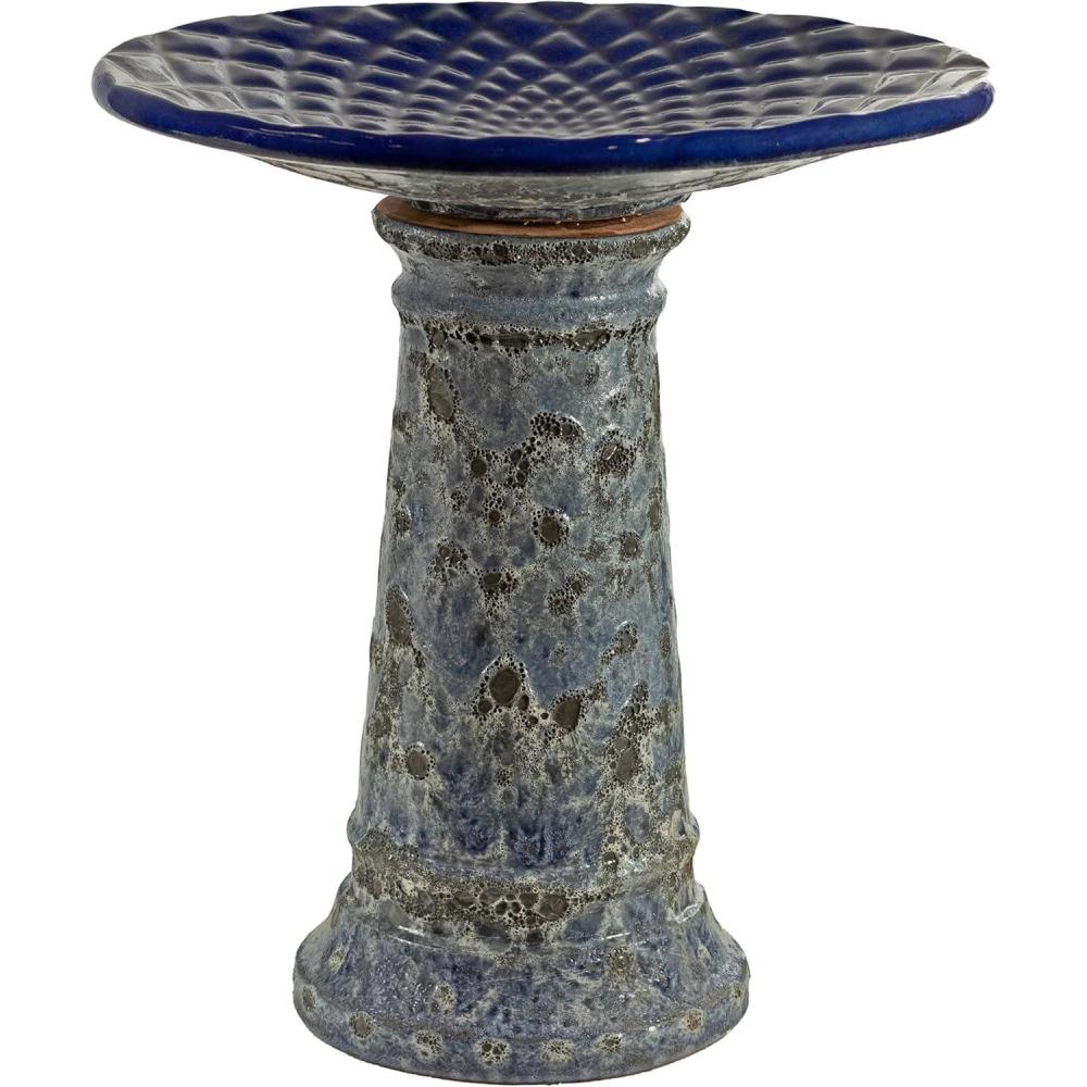 imageSunnydaze Rennes Outdoor Ceramic Bird Bath  225quot H  UV and FrostResistant  Glazed Bowl and Pedestal with Turquoise FinishBlue Glazed with Lava Distressed Pedestal