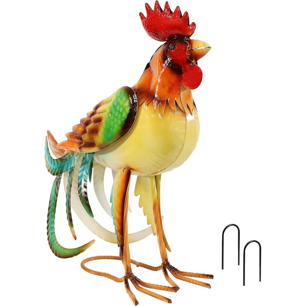 imageSunnydaze Romeo The Rooster 16Inch Rustic Iron Sheet Garden Statue Includes 2 Ground Stakes