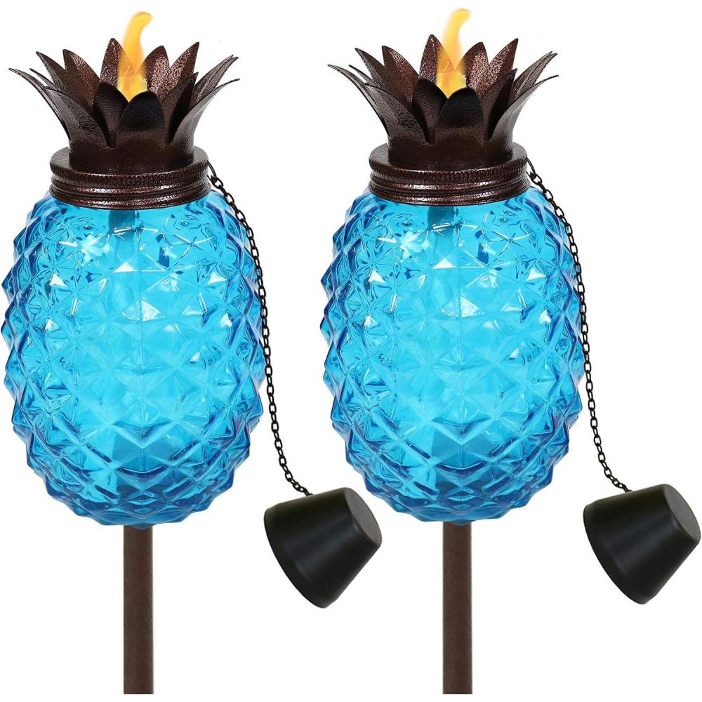 imageSunnydaze Tropical Pineapple Glass Patio Torches Set of 2 23 to 63Inch Outdoor Lawn Torch Garden Deck ampamp Backyard YellowBlue