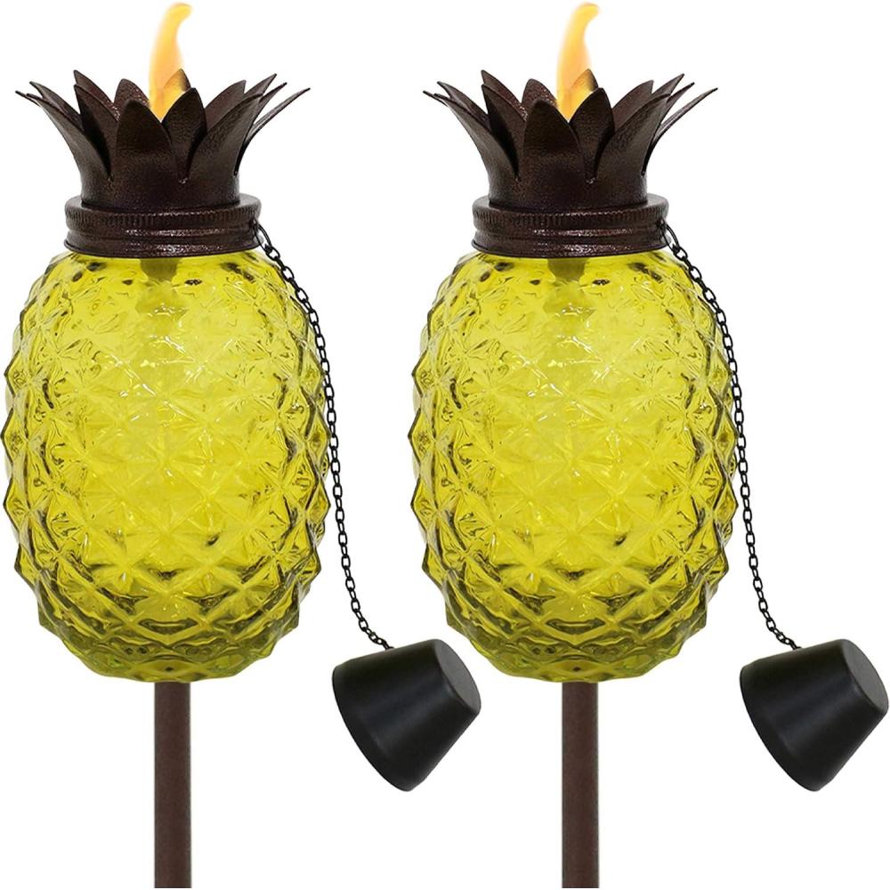 imageSunnydaze Tropical Pineapple Glass Patio Torches Set of 2 23 to 63Inch Outdoor Lawn Torch Garden Deck ampamp Backyard YellowYellow