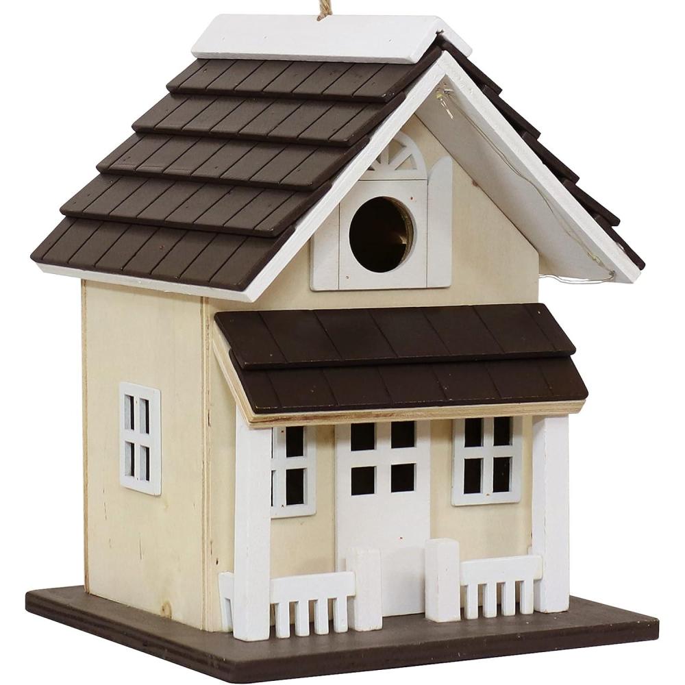 imageSunnydaze Wooden Outdoor Bird House  Small Hanging Bird House for Outdoors  Solar LED  Cozy Home  Cream  925 InchCozy Home