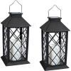 Sunnydaze Concord 11-Inch Solar LED Decorative Candle Lantern – Tabletop/Hanging Light – Set of 2 – Black