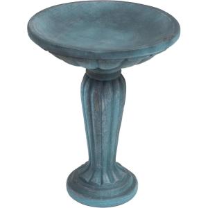 Sunnydaze 20.25” H Concrete Bird Bath for Outdoors – Grecian Column Pedestal Bird Bath with Glass Fiber Reinforced Concrete Construction – Antique White(Patina Green)