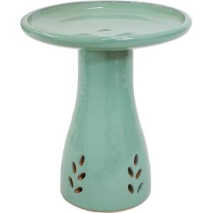 Sunnydaze 21″ H Ceramic Bird Bath for Outside – Hand-Painted Outdoor Bird Bath Bowl, UV/Frost-Resistant Finish – Galaxy Blue – Ribbed Pedestal(Seafoam)