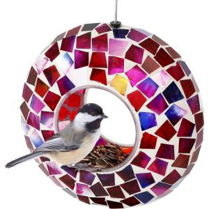 Sunnydaze 6-Inch Glass Mosaic Hanging Bird Feeder for Outdoors – Fly-Through Wild Bird Feeder – Rainbow Daisies(Crimson Mosaic)