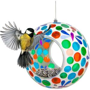 Sunnydaze 6-Inch Glass Mosaic Hanging Bird Feeder for Outdoors – Fly-Through Wild Bird Feeder – Rainbow Daisies(Dragonfly Dreams)