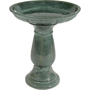 Sunnydaze Avignon Outdoor Ceramic Bird Bath – 18.75″ H – UV- and Frost-Resistant – Pedestal Design – Green Mist(Green Mist Glaze)