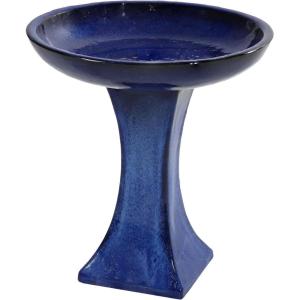 Sunnydaze Ceramic Bird Bath for Outside – 16″ H – UV- and Frost-Resistant – Pedestal Bird Bath – Blue Glazed Bowl – White Lava Finish(Cerulean Blue Bowl and Glazed Pedestal)