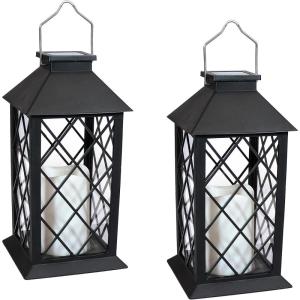 Sunnydaze Concord 11-Inch Solar LED Decorative Candle Lantern – Tabletop/Hanging Light – Set of 2 – Black
