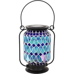 Sunnydaze Cool Blue 8.5-Inch Mosaic Glass Solar LED Lantern – Blue, Green, and Purple Design – Tabletop/Pathway Light