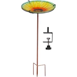 Sunnydaze Glass Bird Bath Bowl – 11.5″ Diameter – Includes Deck Clamp and Staked Stand – Morning Glory(Blooming Sunflower)